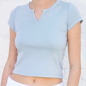 EUC OS Brandy Melville Ashlyn V Notch Light Blue Short Sleeve Top Tshirt